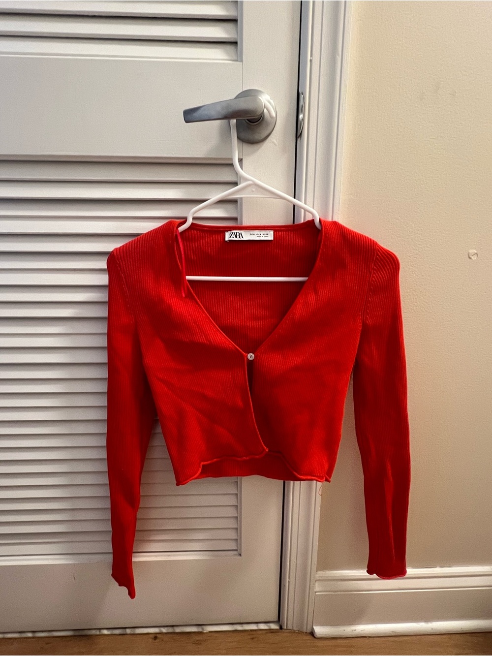 Zara Bright Red Ribbed V-Neck Cardigan